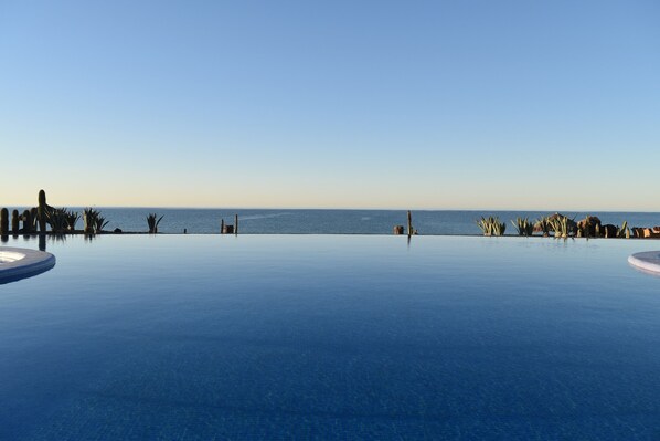 Outdoor pool, pool umbrellas, sun loungers