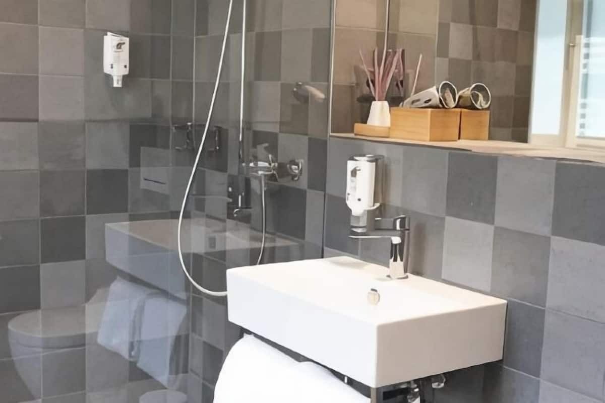 A modern bathroom with a glass shower enclosure, a white sink, and a mirror above it.