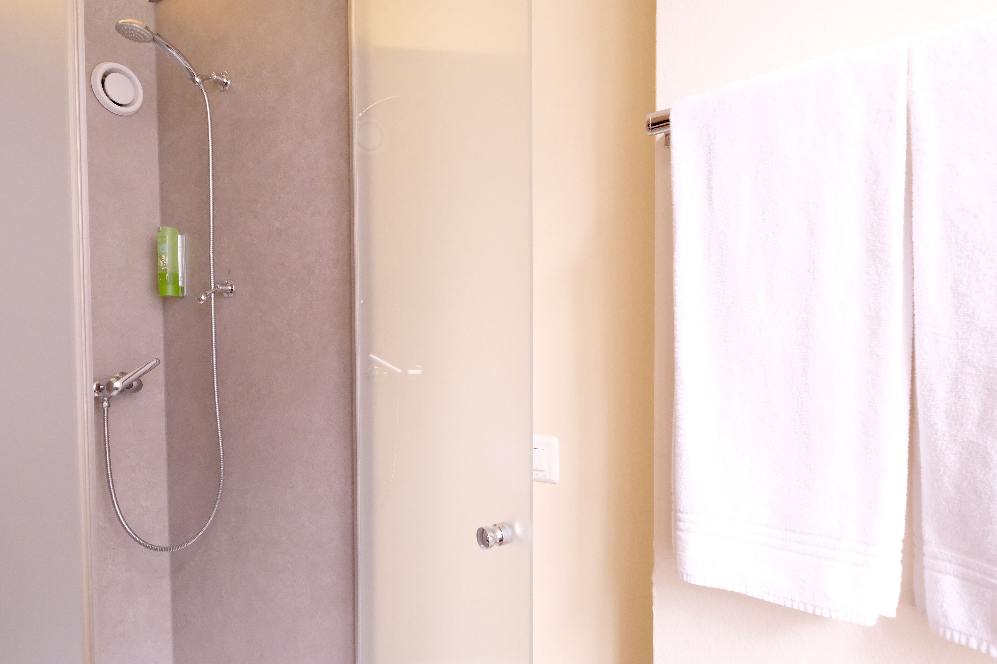 Et badeværelse med bruser, håndklædetørre og toilet.