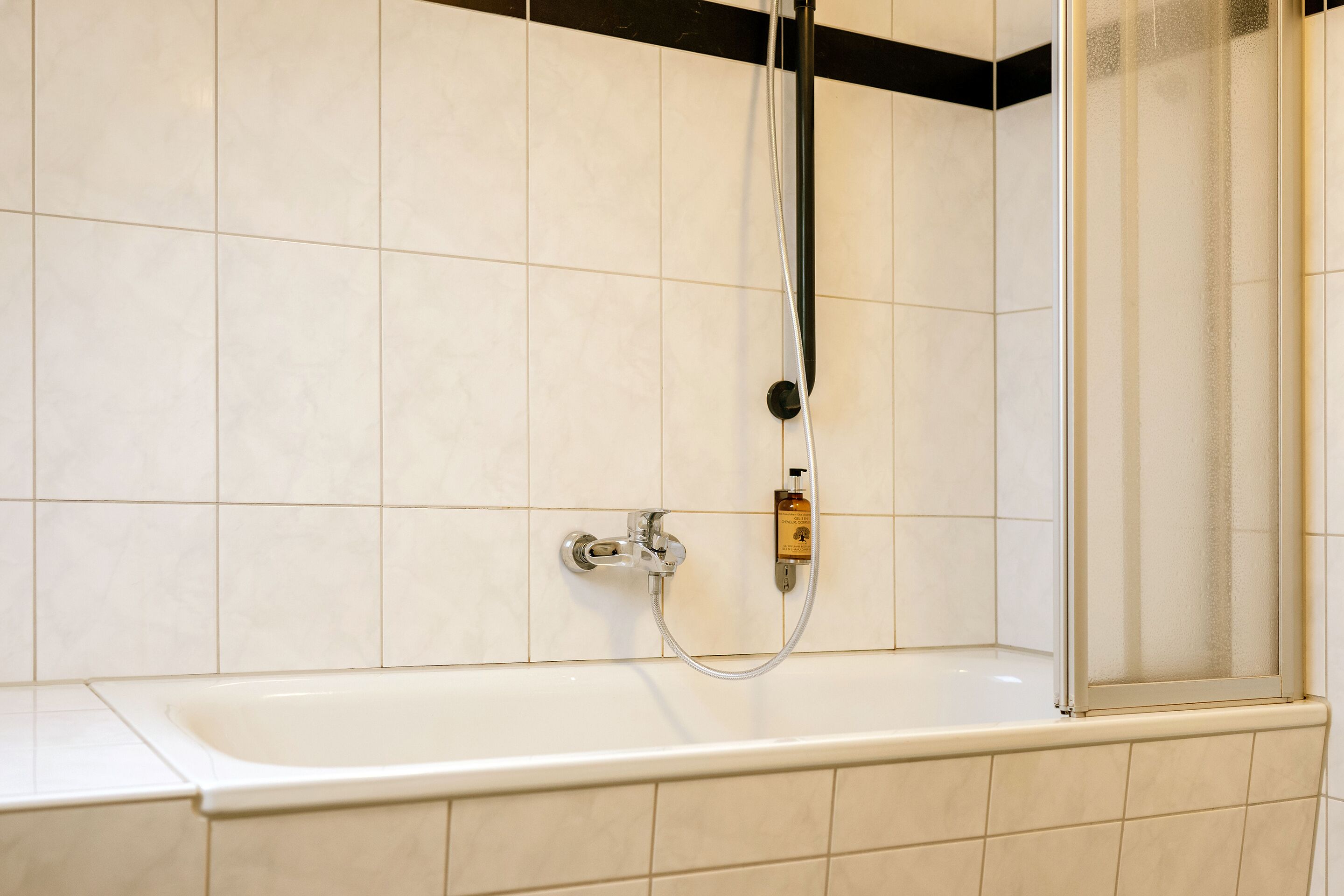 Ein Badezimmer mit Badewanne, Dusche und Toilette.