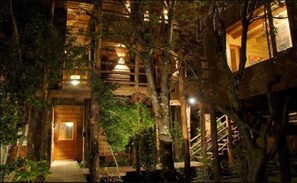A multi-level wooden structure surrounded by trees at night. - Aldea Naukana Posada Boutique (Pucón)