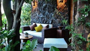 Uma área de estar ao ar livre acolhedora, com um sofá e almofadas, cercada por vegetação exuberante e uma parede de pedra.