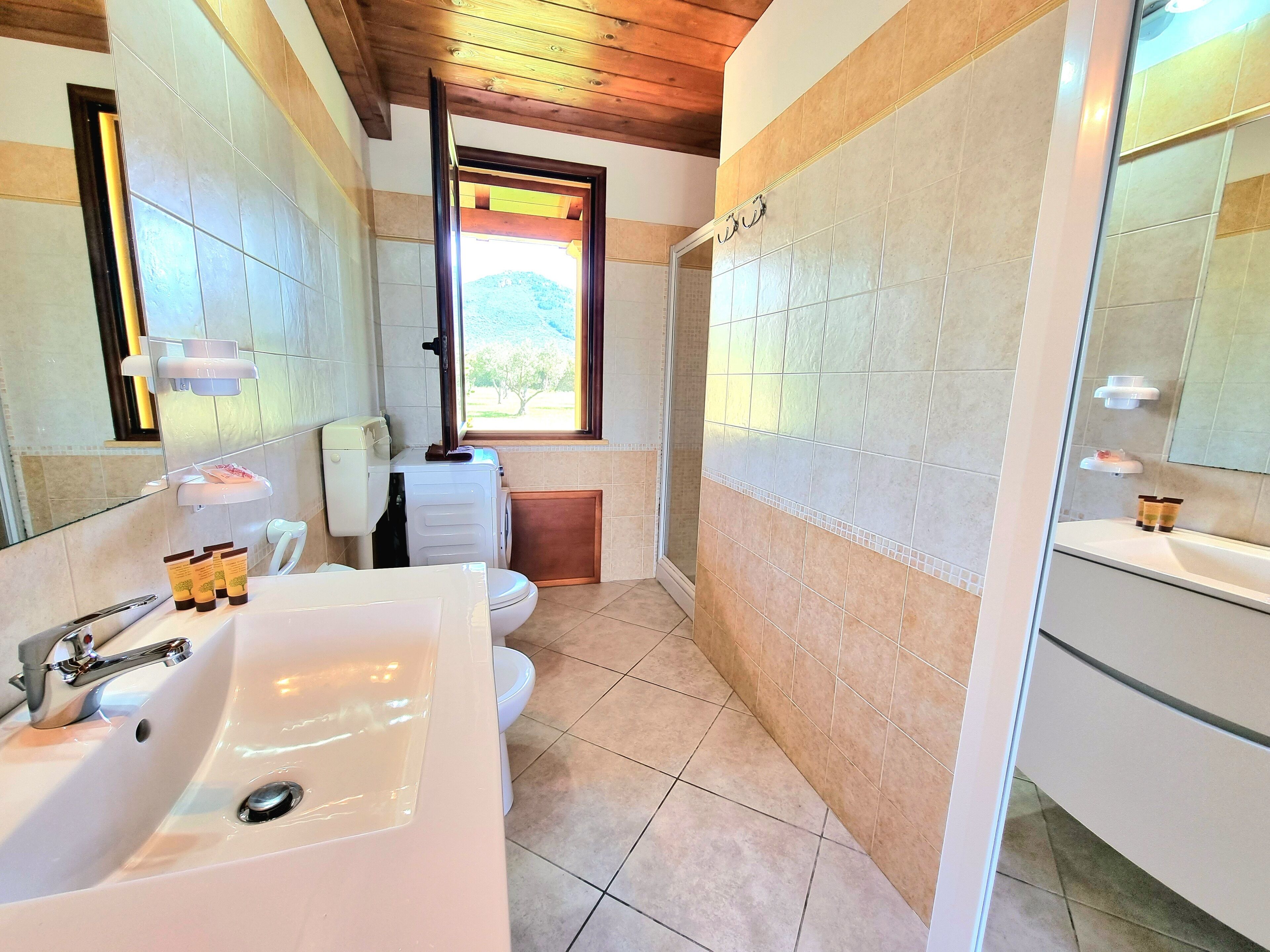 A modern bathroom with a sink, toilet, and shower area.