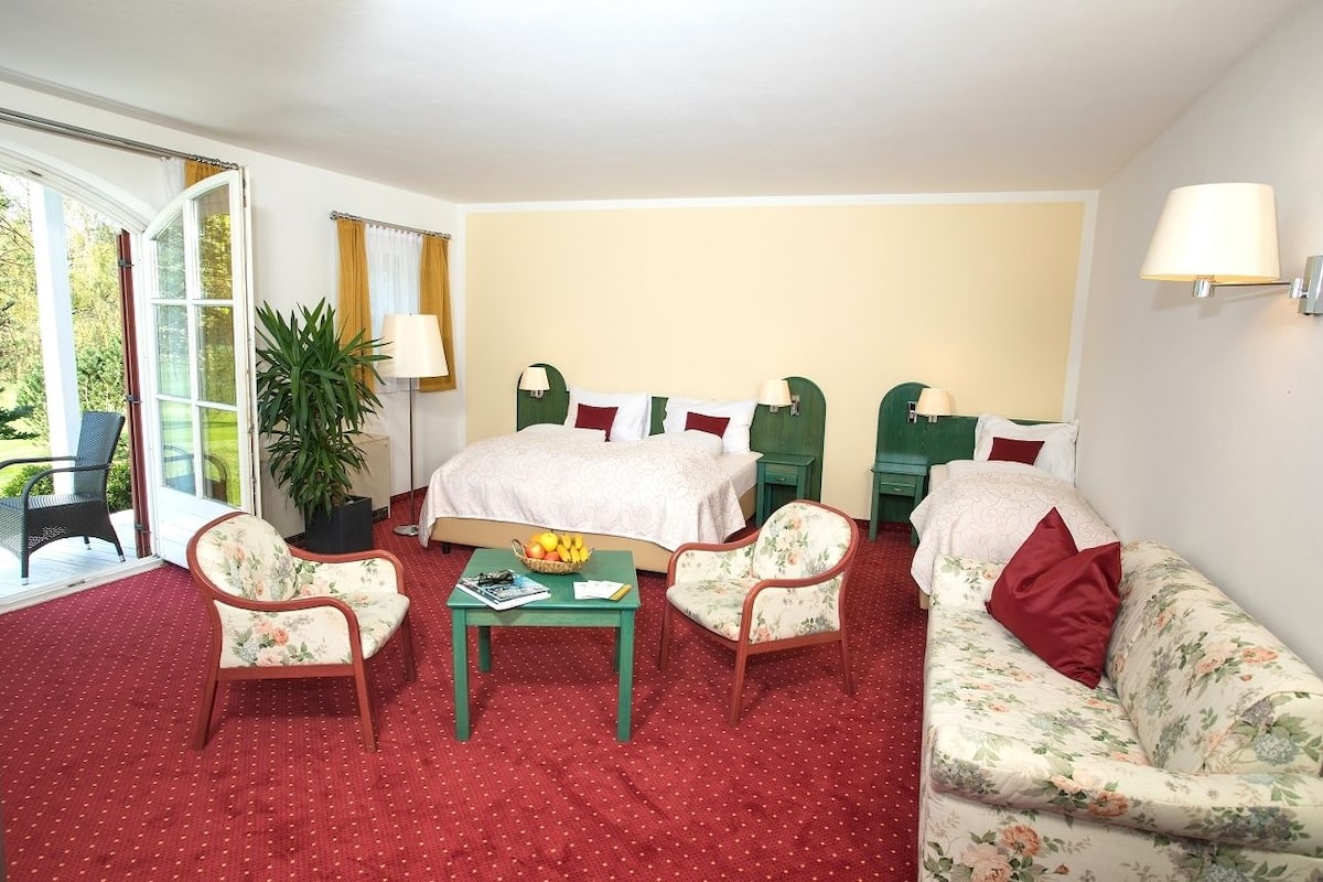 A hotel room with a bed, two chairs, a sofa, a table with a fruit bowl, and a large window with curtains.