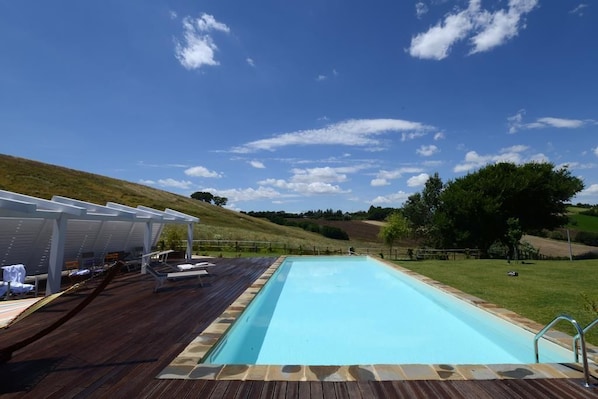 Seasonal outdoor pool, pool umbrellas, pool loungers