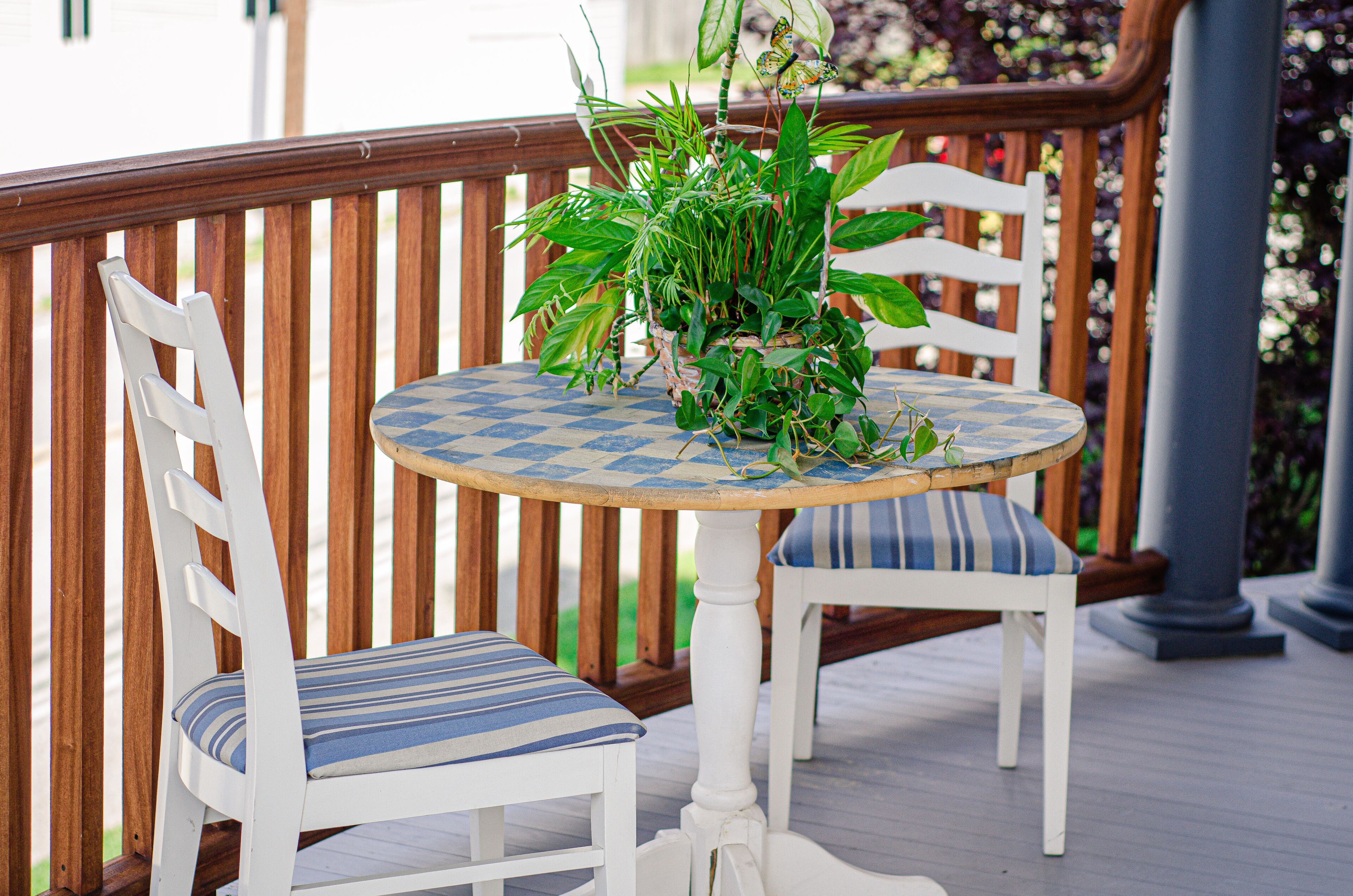 A round table with a checkered tablecloth, two white chairs with striped cushions, and a potted plant with green foliage.