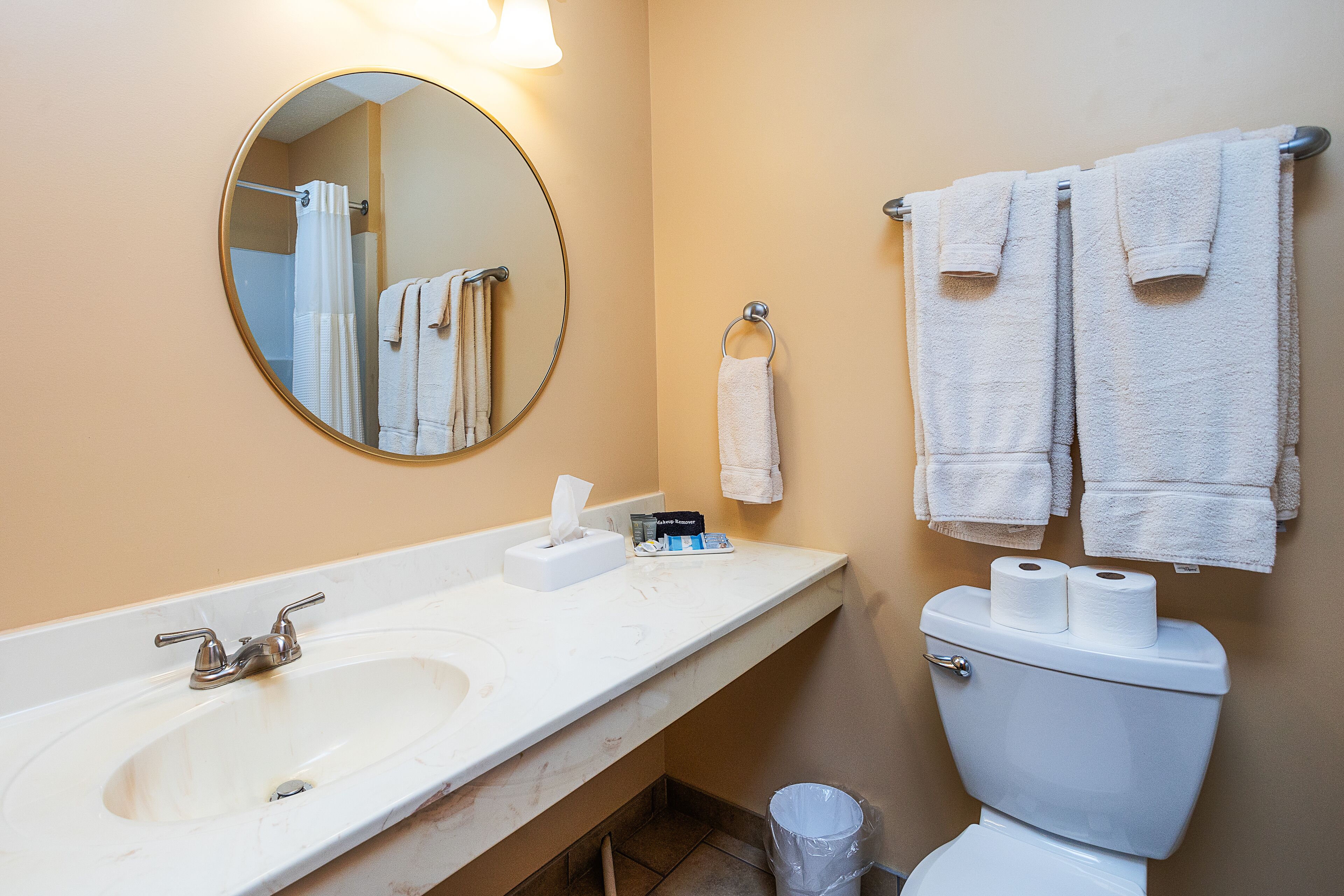 A bathroom with a sink, mirror, toilet, and towels.