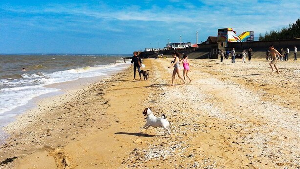 A beach with people and a dog, a lifeguard tower, and a colorful structure in the background. - Leysdown Chalet 28 (Sheerness)