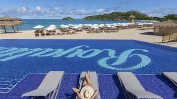 Outdoor pool, pool umbrellas, pool loungers