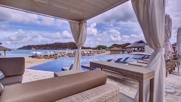 Piscina externa, guarda-sóis, espreguiçadeiras