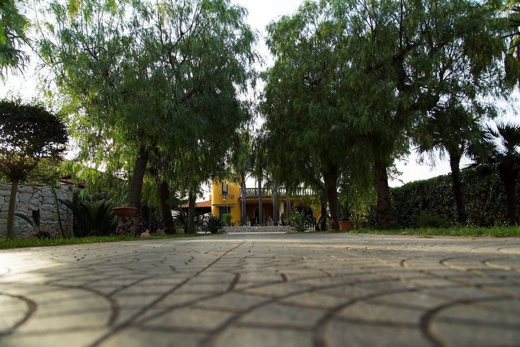 Un vialetto lastricato conduce a un edificio con facciata gialla, immerso tra alberi e vegetazione.