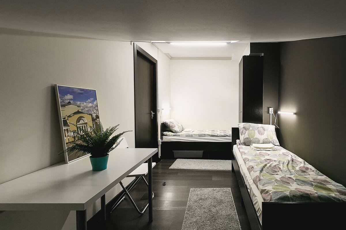 Ein kleiner, moderner Raum mit einem Bett, einem Schreibtisch und einer Topfpflanze.
