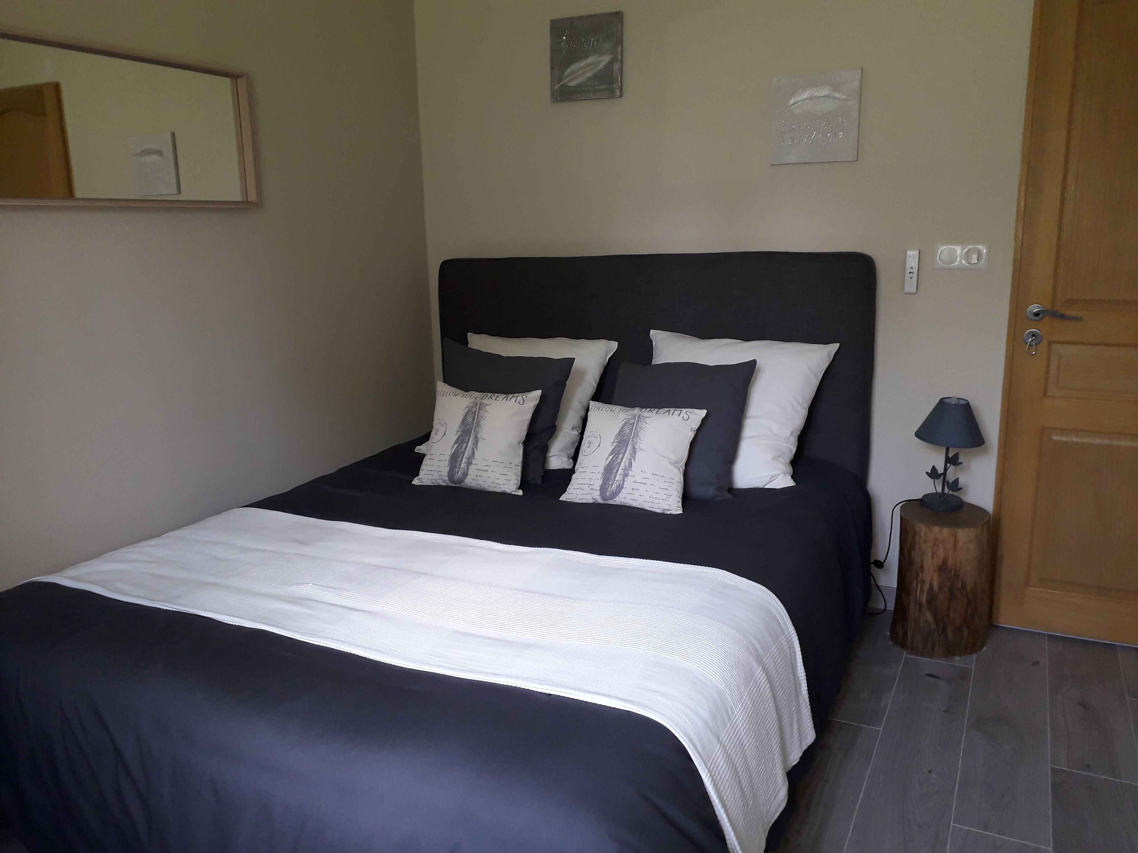 A bedroom with a bed, pillows, a bedside table with a lamp, and a door.