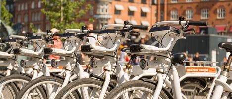 A row of bicycles parked in a designated bike rack area, with buildings and a flag in the background.