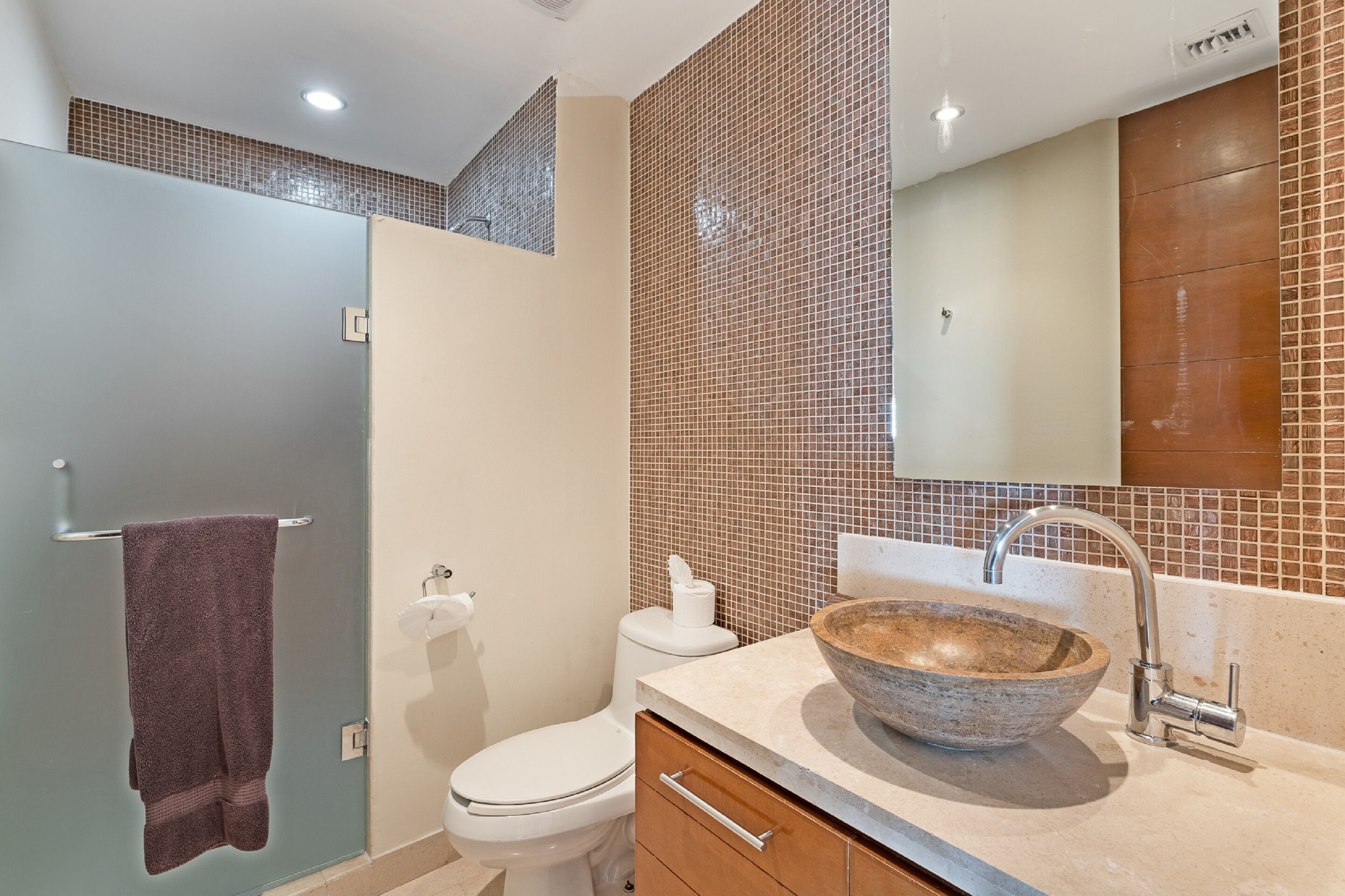 A bathroom with a glass shower enclosure, a white toilet, a beige sink with a stone basin, and a mirror above the sink.