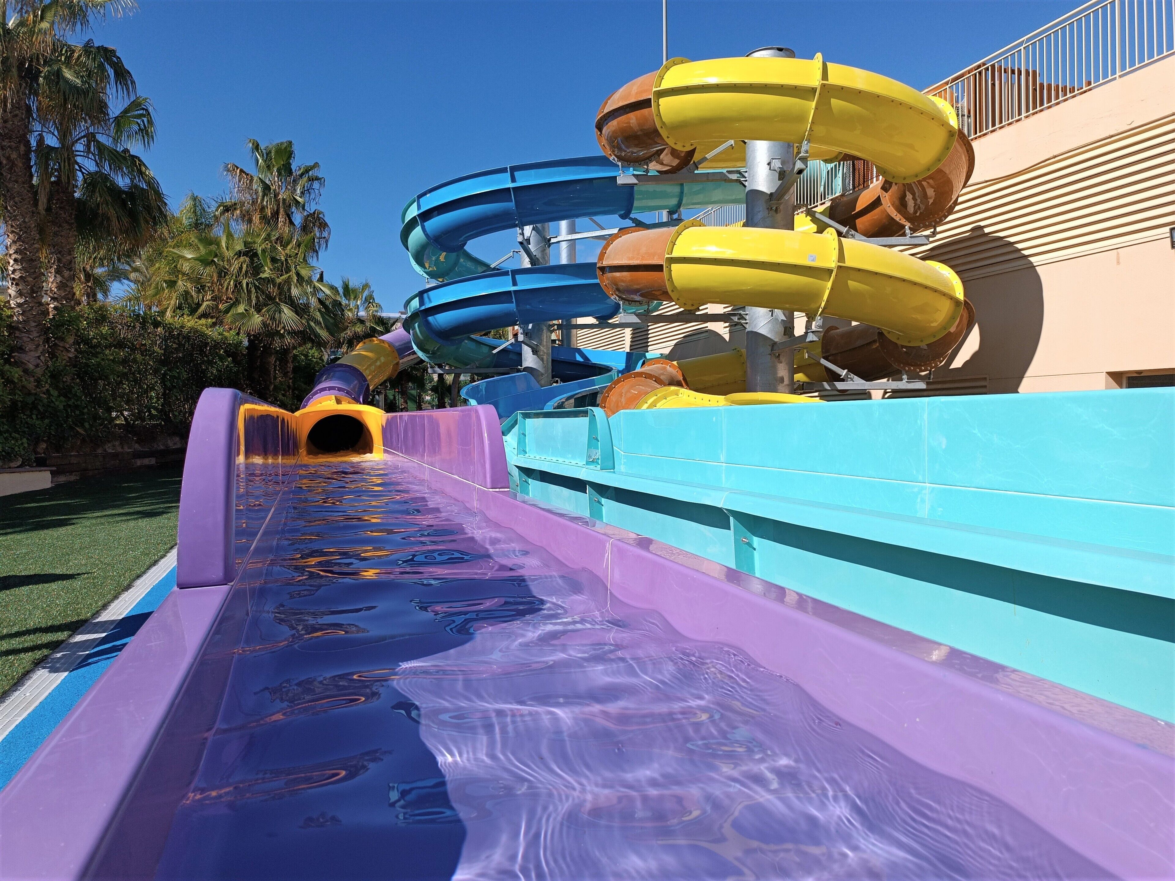 A water slide with multiple lanes, a pool, and palm trees.