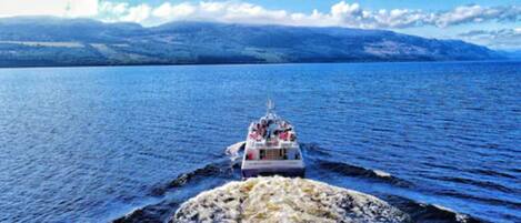 A boat on a large body of water with mountains in the background.