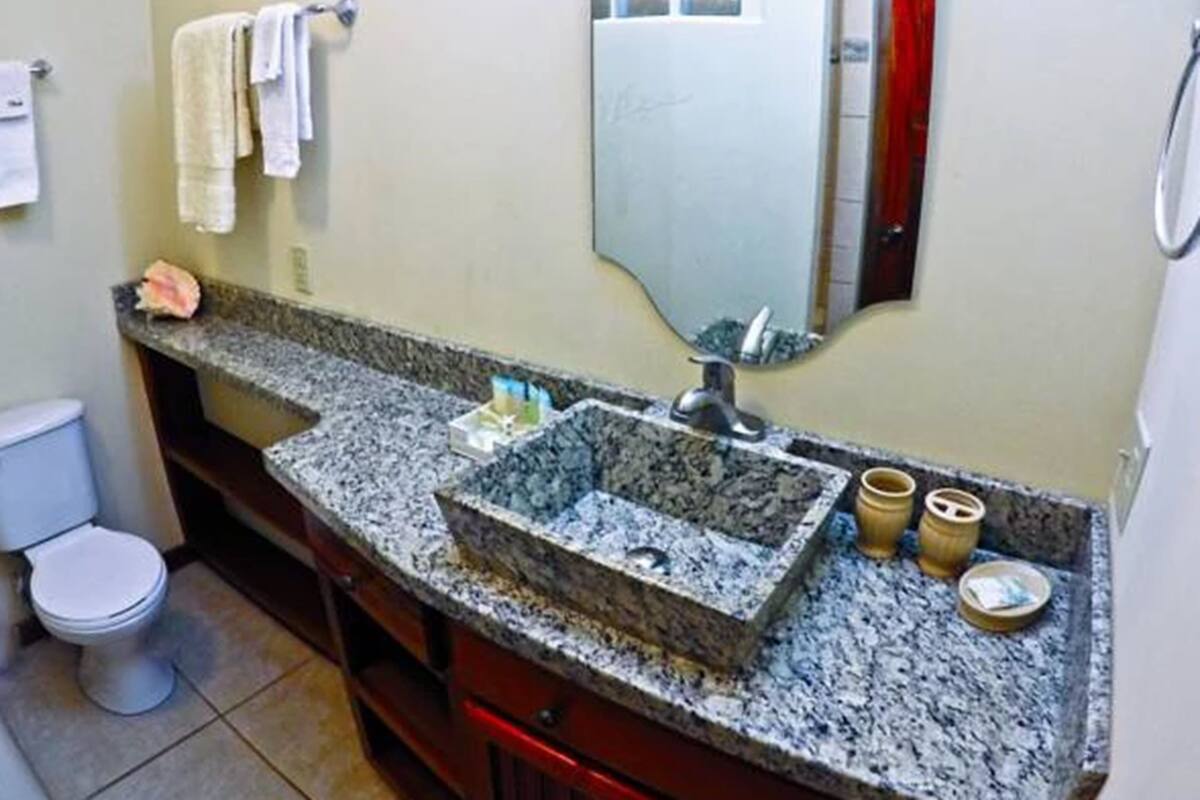 A bathroom with a granite sink, a toilet, and a mirror.
