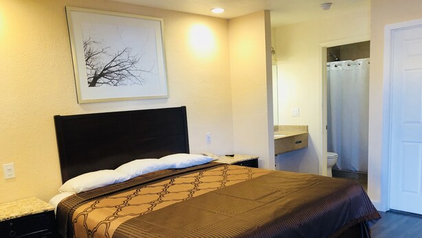 A neatly made bed with a patterned bedspread and pillows, a bedside table with a lamp, and a framed picture on the wall. - Bayshore Inn (San Jose)