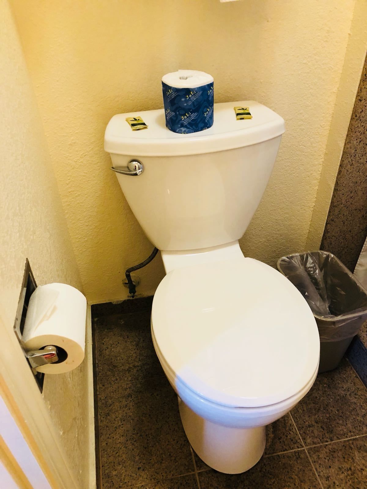 WC-istuin, jonka päällä on wc-paperirulla ja vieressä roskakori.