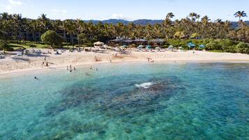 On the beach, sun loungers, beach towels