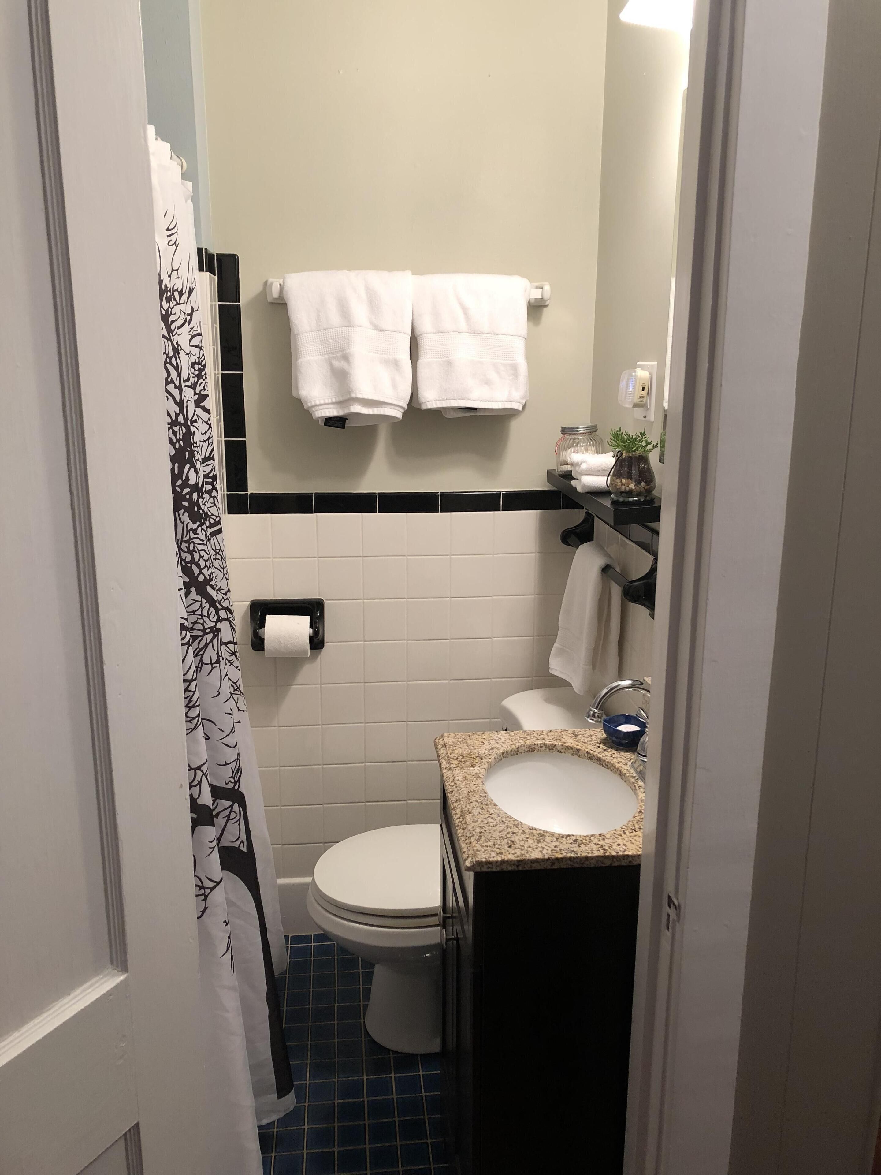 Een bad/douchecombinatie, een haardroger, handdoeken, zeep