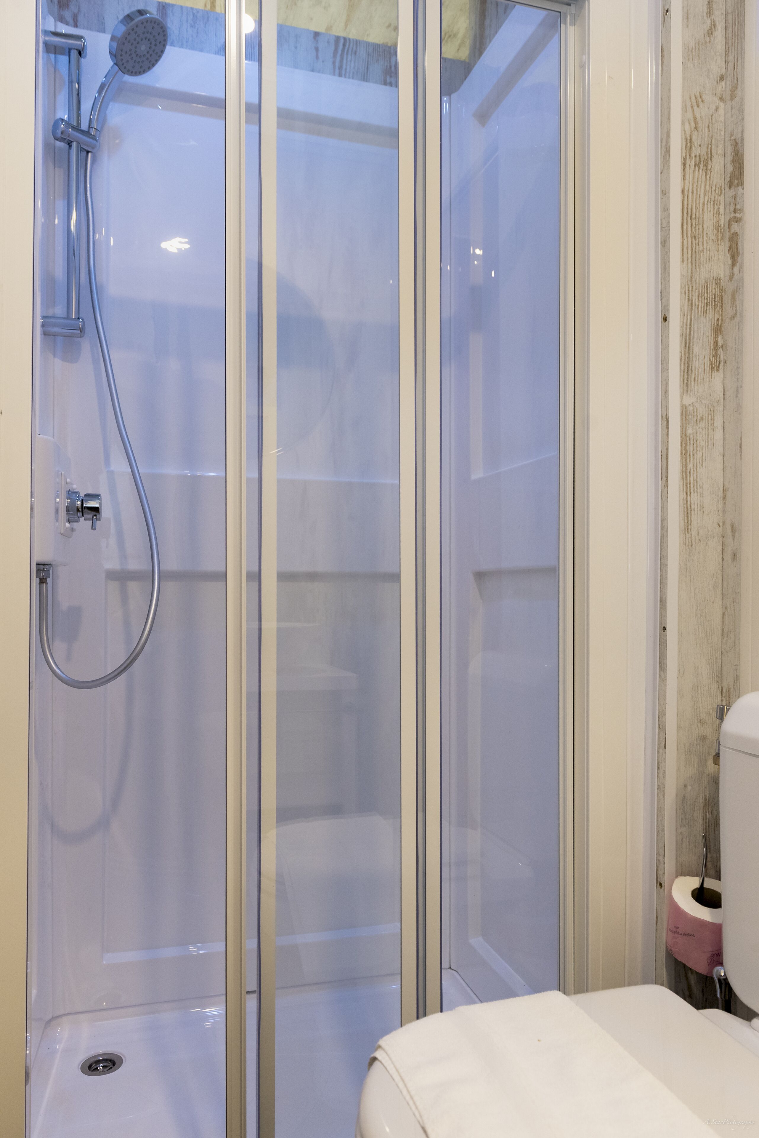 A modern bathroom with a glass shower enclosure, a toilet, and a sink.