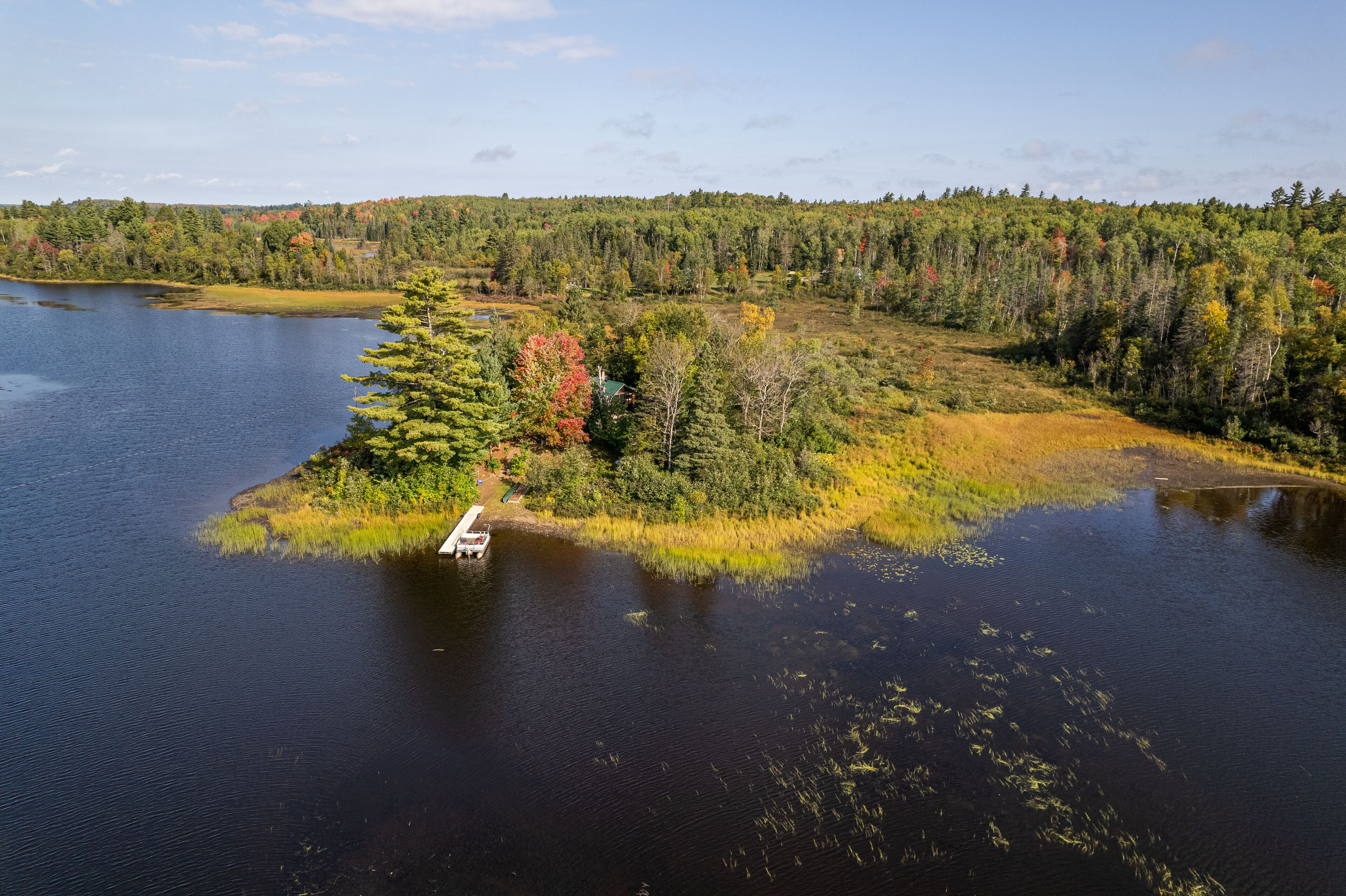 An aerial view of a lakeside property with a dock extending into the water, surrounded by dense forest and autumn foliage.