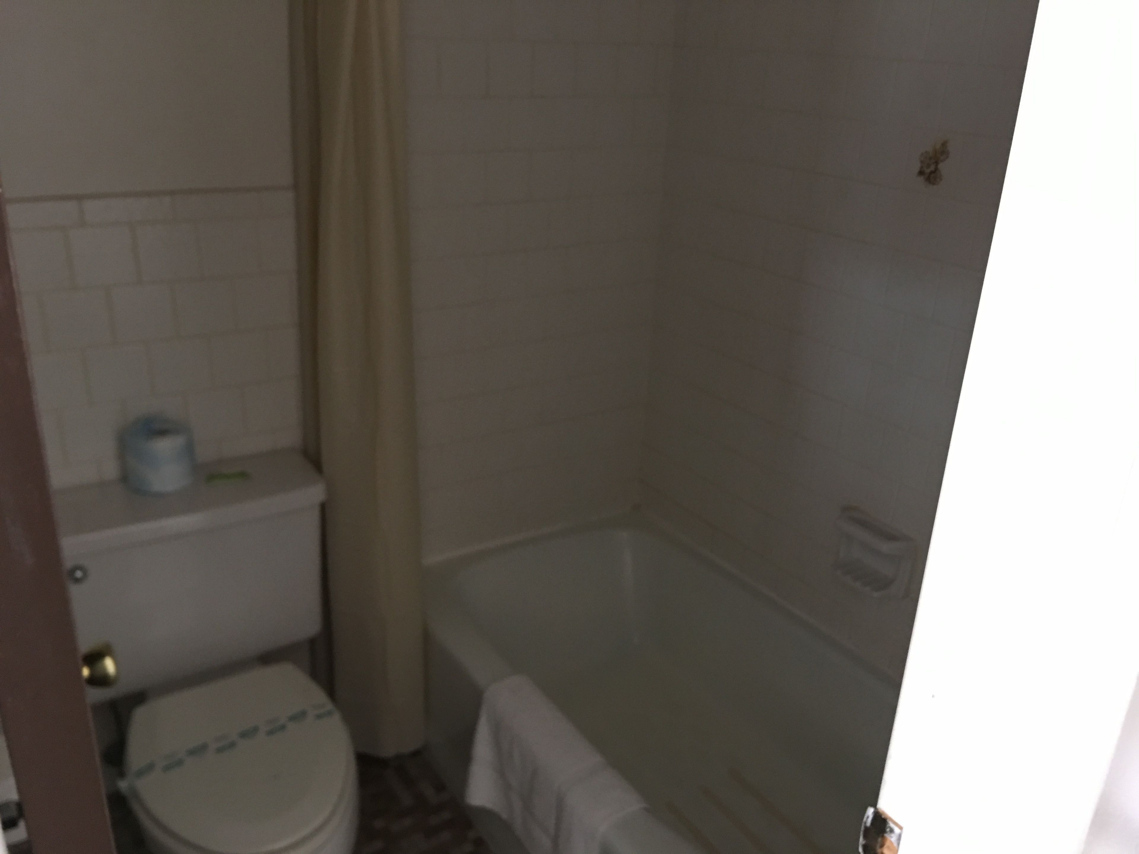 Een badkamer met een toilet, douche en bad.