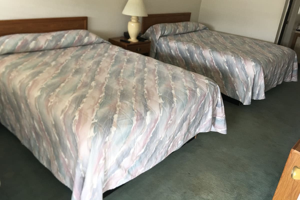 Una habitación con dos camas, cada una con una colcha estampada, una mesita de noche con una lámpara y un pequeño cuadro en la pared.