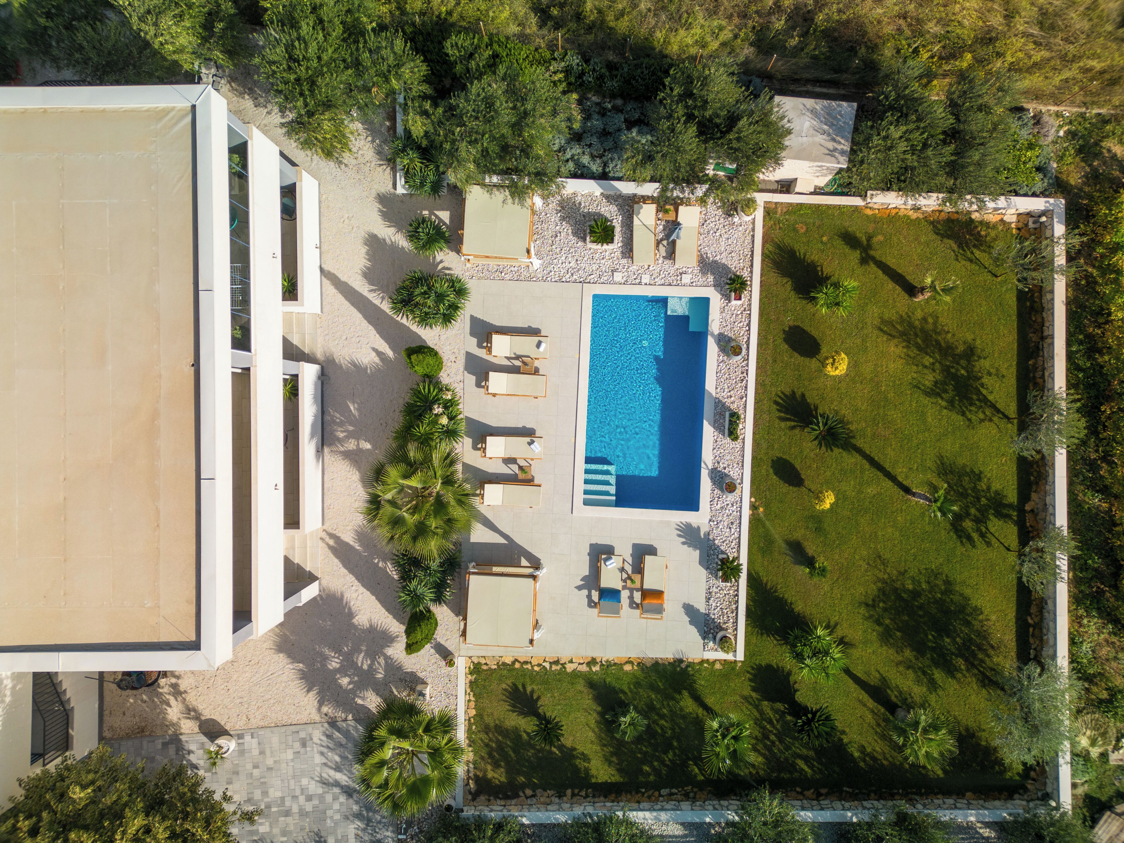 A rooftop pool area with lounge chairs, a swimming pool, and surrounding greenery.