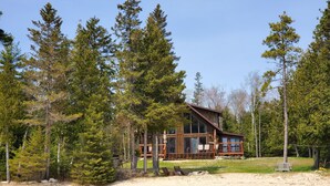 A cabin with a deck, surrounded by tall pine trees.