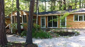A cabin with a wooden exterior, large windows, and a gravel driveway surrounded by trees. - Newly Renovated Rustic Cabin   (Tamworth)