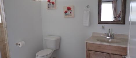 A bathroom with a toilet, sink, and shower. There are two wall-mounted pictures, a towel rack, and a mirror.