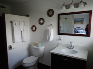 A bathroom with a toilet, sink, and mirror. There are towels hanging on the wall and a toilet paper holder. - Pleasant Grove Inn (Linton)