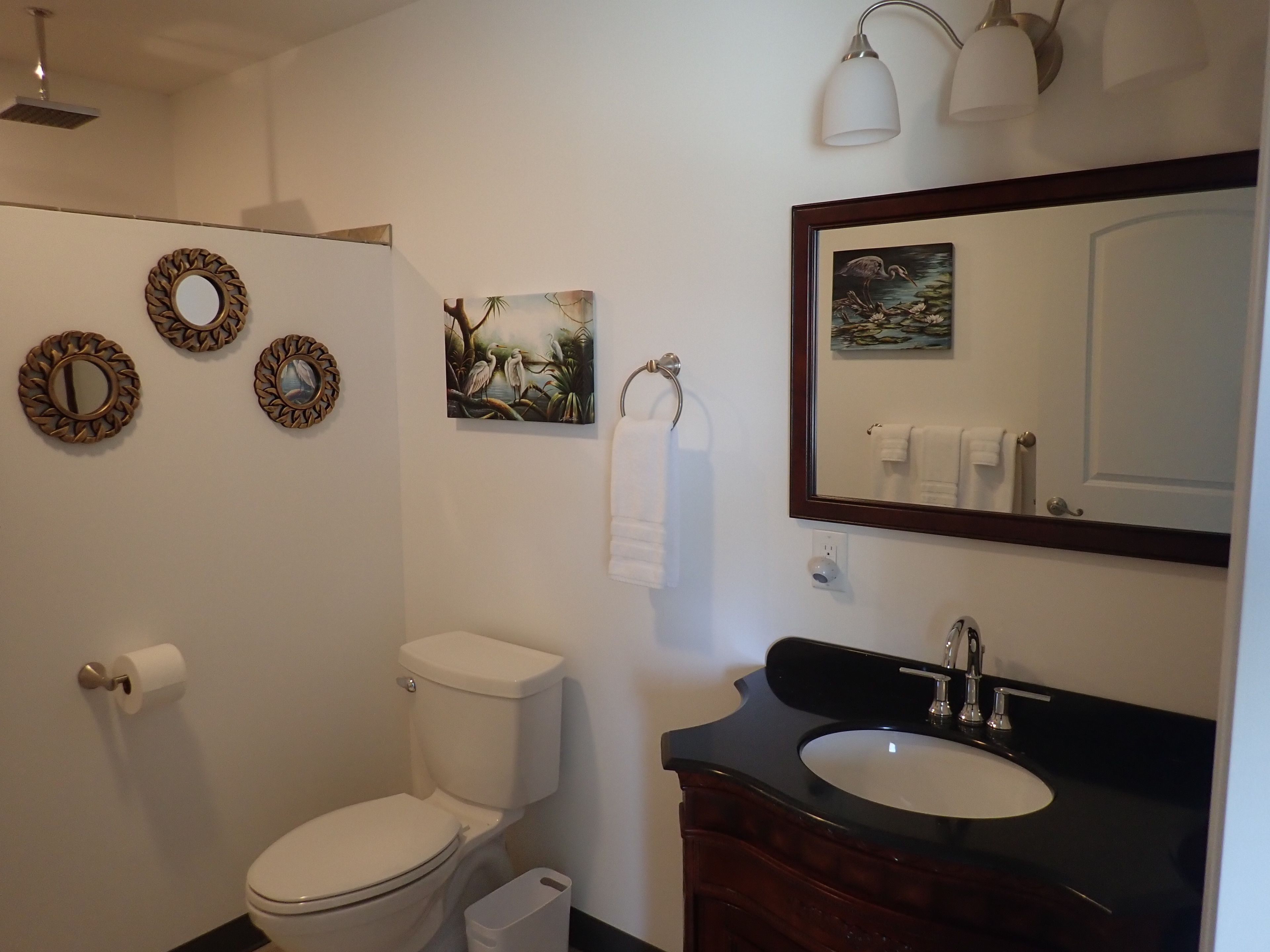 Une salle de bain avec des toilettes, un lavabo et un miroir. On y trouve également des miroirs décoratifs et un tableau.
