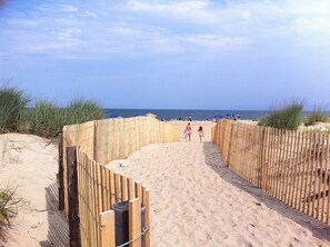 A sandy beach path with a wooden fence and a clear view of the ocean.