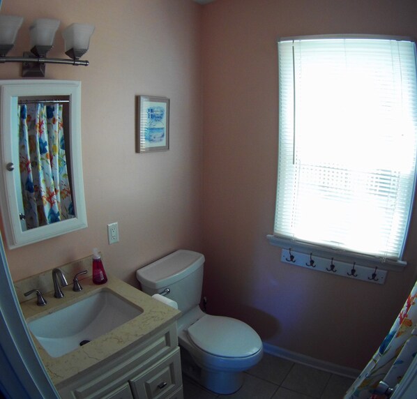 A bathroom with a sink, toilet, and window.