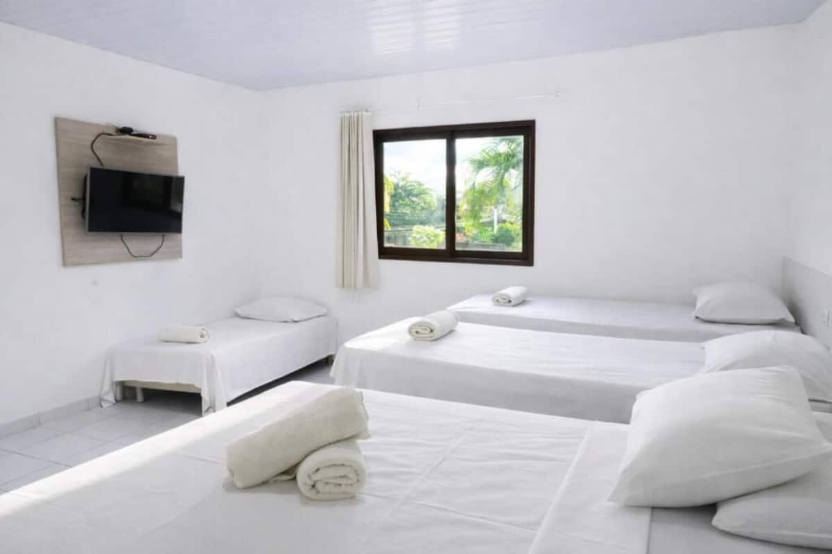 Une chambre d’hôtel avec deux lits simples, un téléviseur fixé au mur et une fenêtre donnant sur un paysage verdoyant.