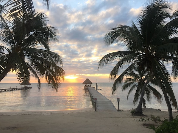 A beach with a wooden pier leading to a thatched-roof structure, surrounded by palm trees.