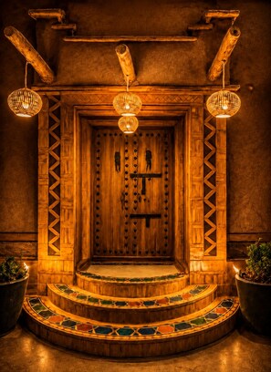 A wooden door with a cross, flanked by two lantern-style lights, leading to a staircase with mosaic tiles. - Auberge La fibule du dades (Ait Sedrate Jbel El Soufla)