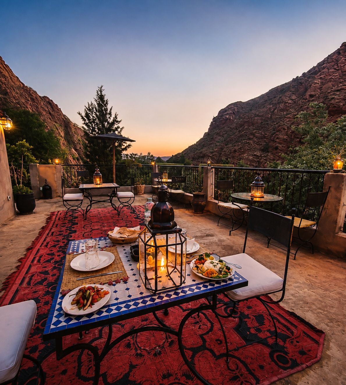 An outdoor dining area with a table set for two, surrounded by chairs, and a view of a mountainous landscape.