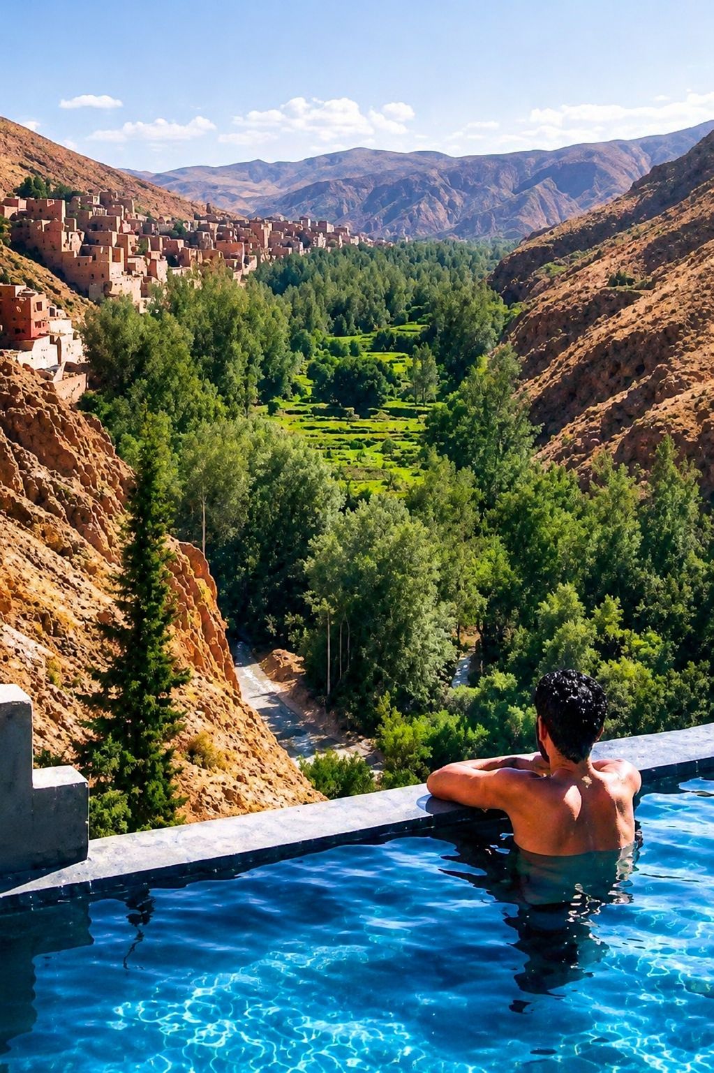 Una piscina con vistas a un paisaje montañoso y campos en terrazas.
