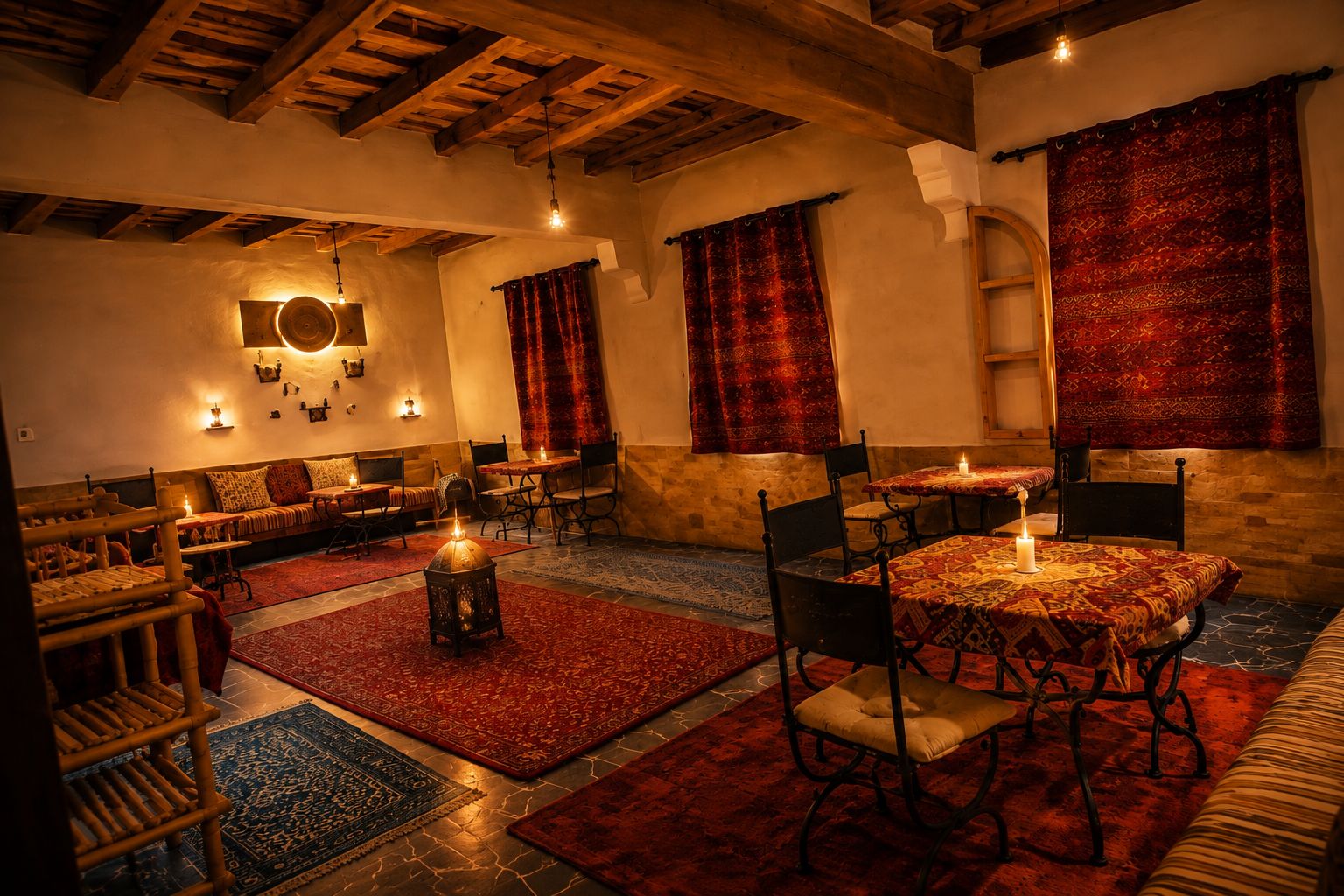 Una habitación acogedora, con luz tenue, vigas de madera, un sofá, una mesa de comedor con sillas y una alfombra estampada.