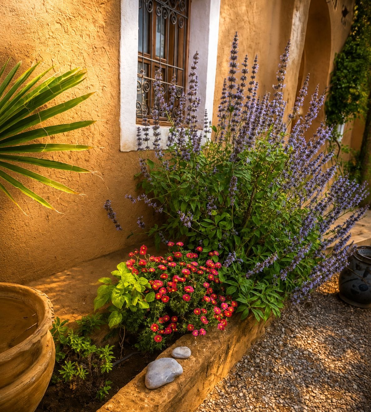 Un jardín con lavanda y flores rojas, una jardinera de madera y una ventana con barrotes.
