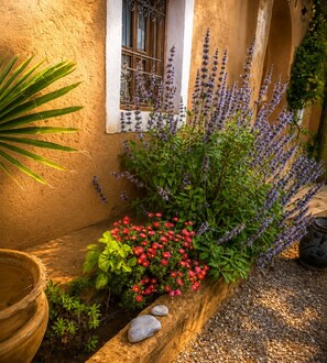 A garden with lavender and red flowers, a wooden planter, and a window with bars. - Auberge La fibule du dades (Ait Sedrate Jbel El Soufla)