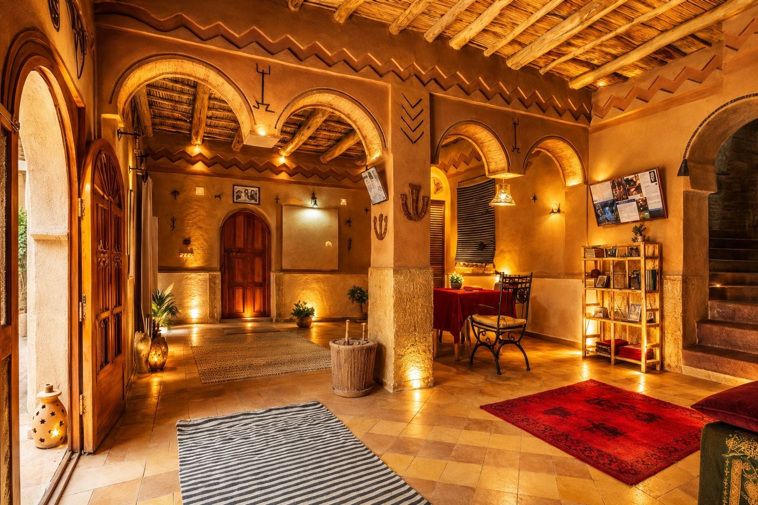 A warmly lit interior with arched doorways, a staircase, and a dining area with a red tablecloth.