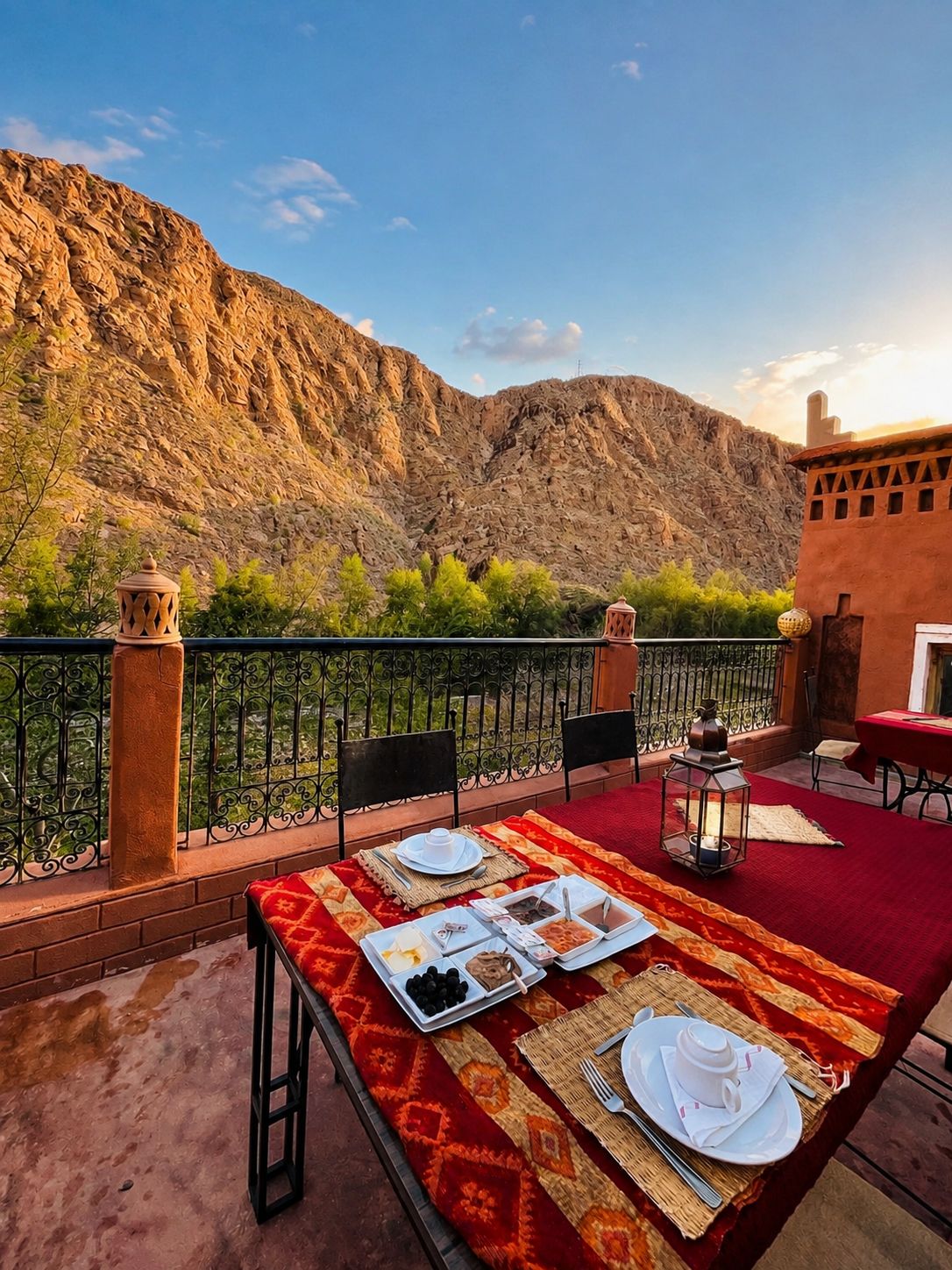 An outdoor dining area with a table set for two, overlooking a mountainous landscape.