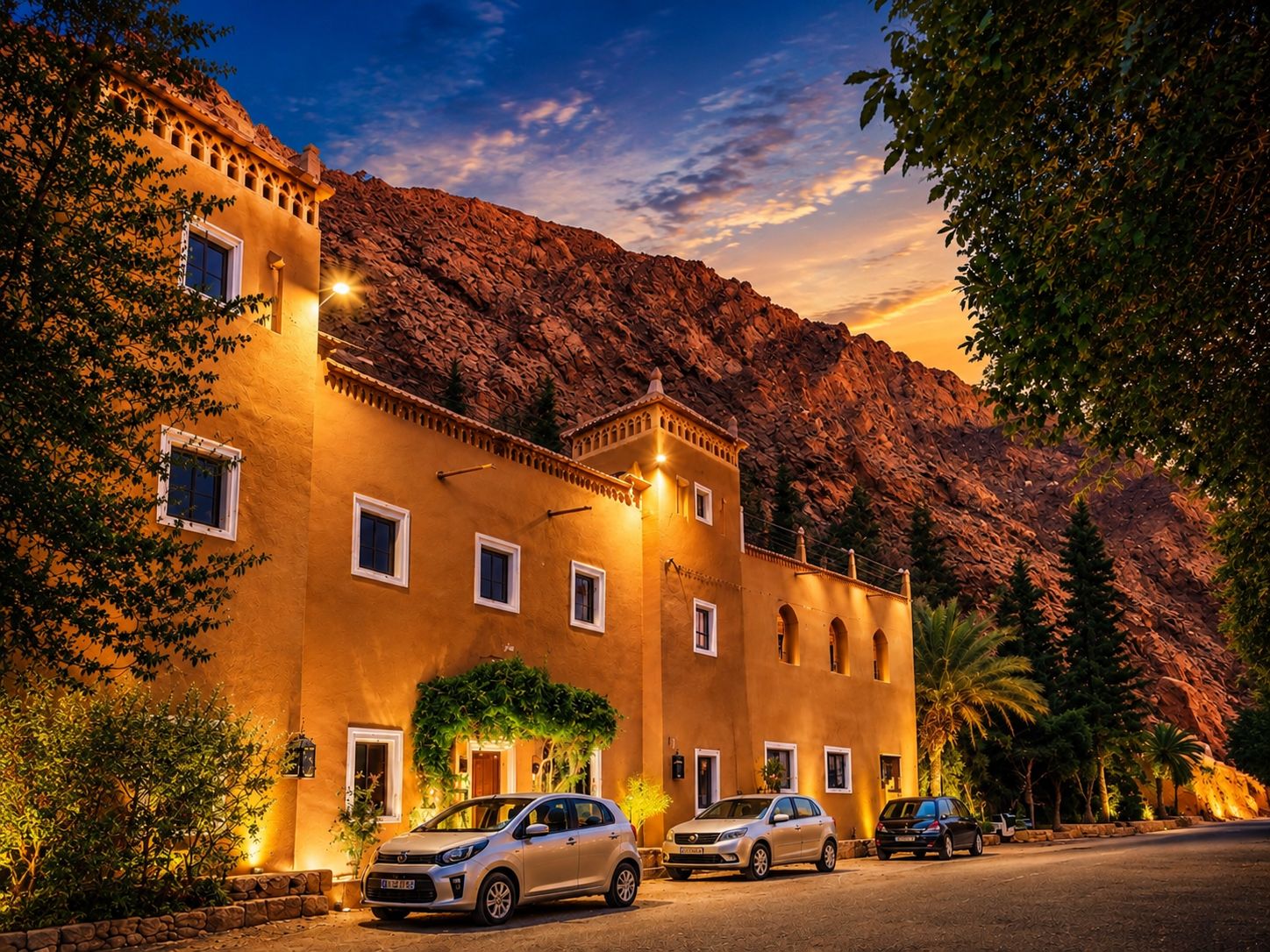 A hotel with a mountain backdrop, multiple cars parked in front, and a well-lit entrance.