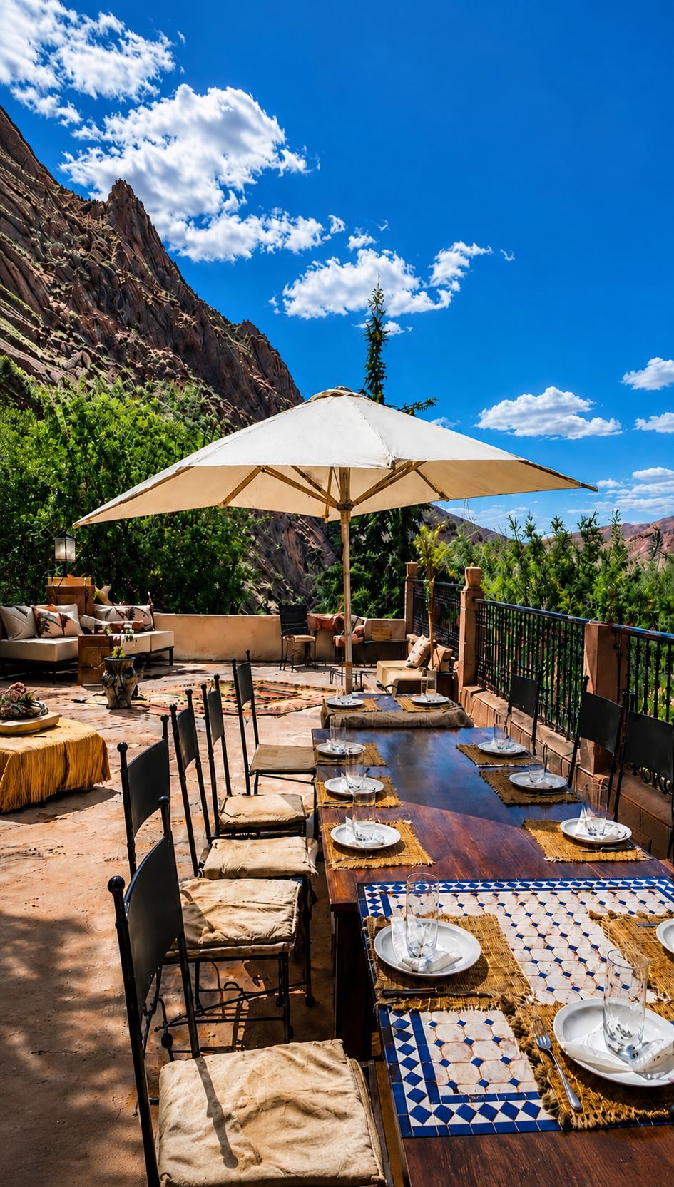 An outdoor dining area with a long table set for a meal, surrounded by chairs and an umbrella.